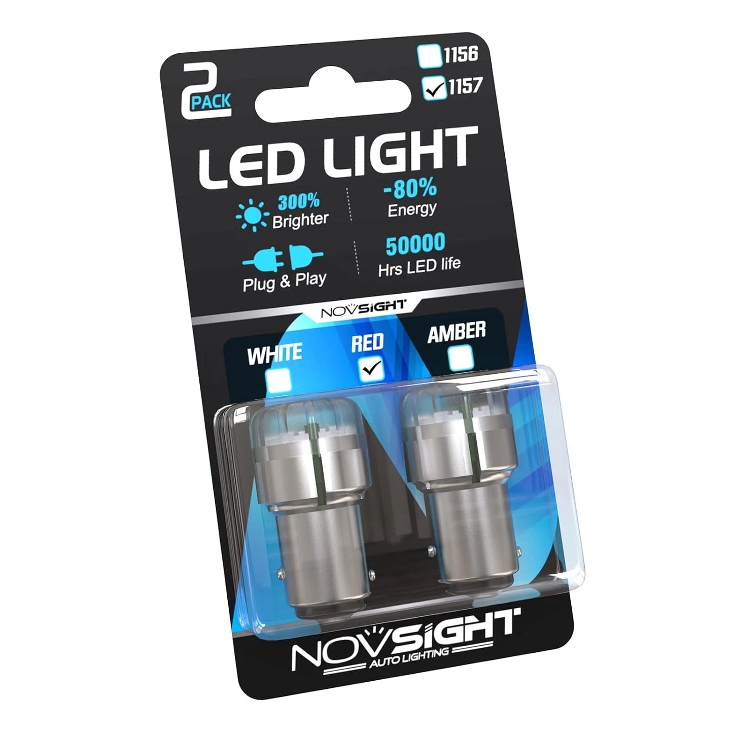 NightEye NOVSIGHT 1157 7528 LED Bulbs Red, 300% Extremely Bright Brake Lights Bulb BAY15D 2357, Safer Driving 2057 2397 Replacement for Parking Lights, Front Turn Signal Lights, Pack of 2 - NightEye.in