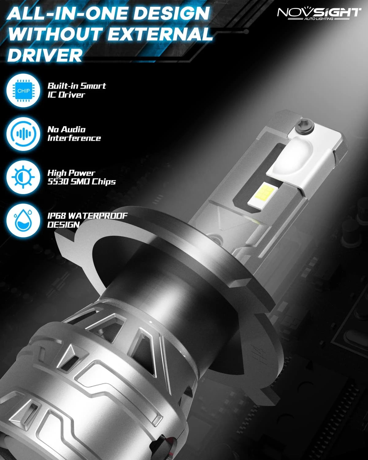 NightEye NOVSIGHT H4/9003/HB2 LED Headlights Bulbs, 60W High Low Beam LED Headlights Conversion Kit, 6500K White, Plug and Play Easy Installation Halogen Replacement, Pack of 2 - NightEye.in