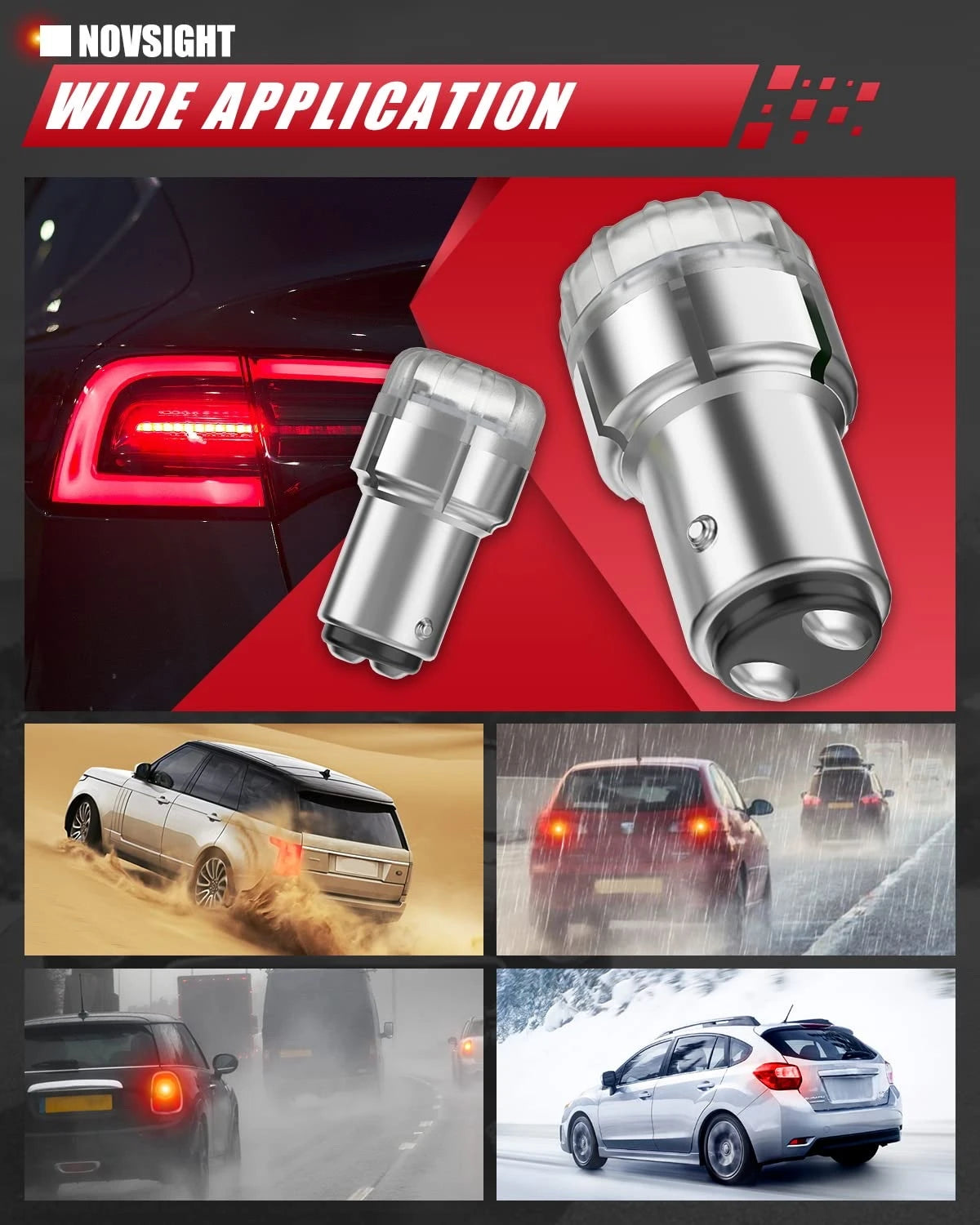 NightEye NOVSIGHT 1157 7528 LED Bulbs Red, 300% Extremely Bright Brake Lights Bulb BAY15D 2357, Safer Driving 2057 2397 Replacement for Parking Lights, Front Turn Signal Lights, Pack of 2 - NightEye.in