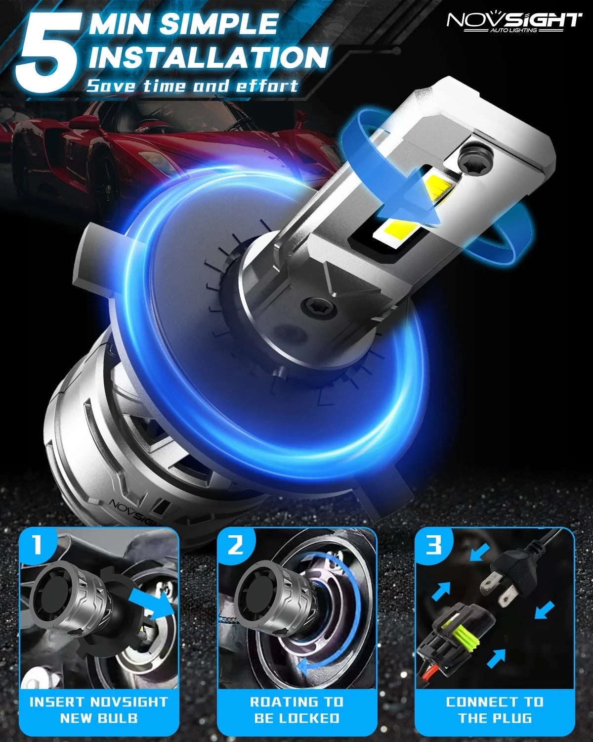 NightEye NOVSIGHT H4/9003/HB2 LED Headlights Bulbs, 60W High Low Beam LED Headlights Conversion Kit, 6500K White, Plug and Play Easy Installation Halogen Replacement, Pack of 2 - NightEye.in