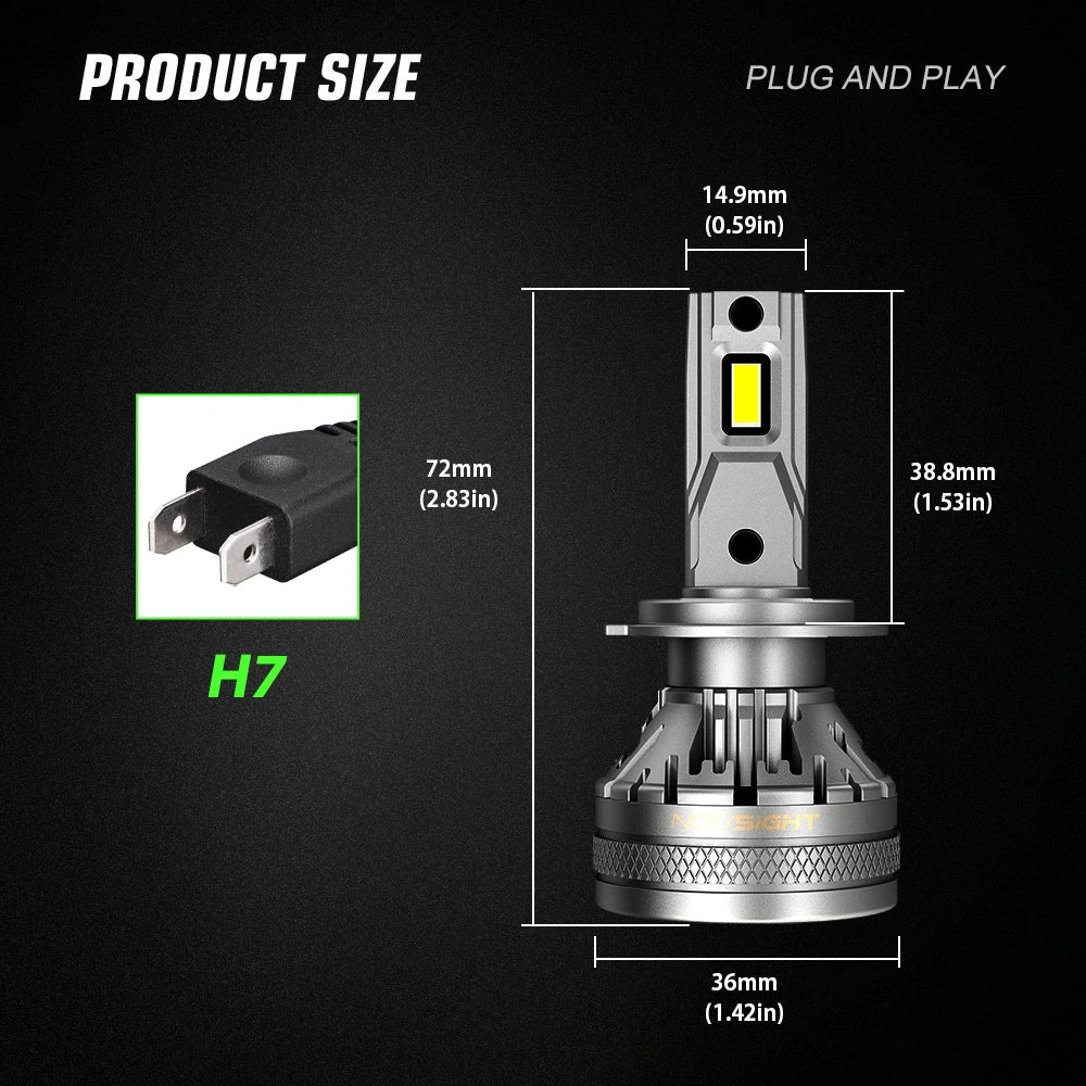 NightEye NovSight A500-N37 H7 DC9-32V LED Headlight H7 Two Pin 22000LM LED Car Lights Bulbs 6500K High & Low Beam 120W/Pair Super Bright - H7 - NightEye.in
