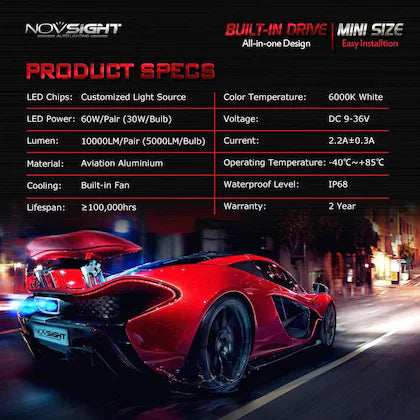 Nighteye N11 50W H7 LED Headlight Bulb Single Pc - Novsight H7 NOVSIGHT N11 SERIES H7 LED Headlight Bulbs - NightEye.in