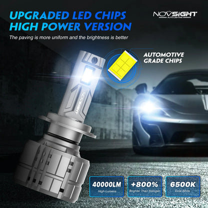 NightEye NOVSIGHT A500-N60 H4 Hi/Lo 2PCS 40000LM/Pair Car Headlight LED Bulbs High/Low Beam Kit 6500K Headlamp IP68 Waterproof White Light - Type H4