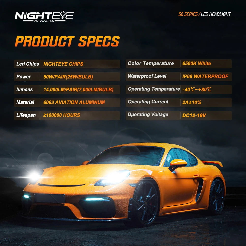 NightEye A315-S6 H7 Two Pin 6500K White 2PCS Car LED Headlight Bulb 14,000LM/Pair LED Headlamp IP Waterproof - Type H7 - NightEye.in
