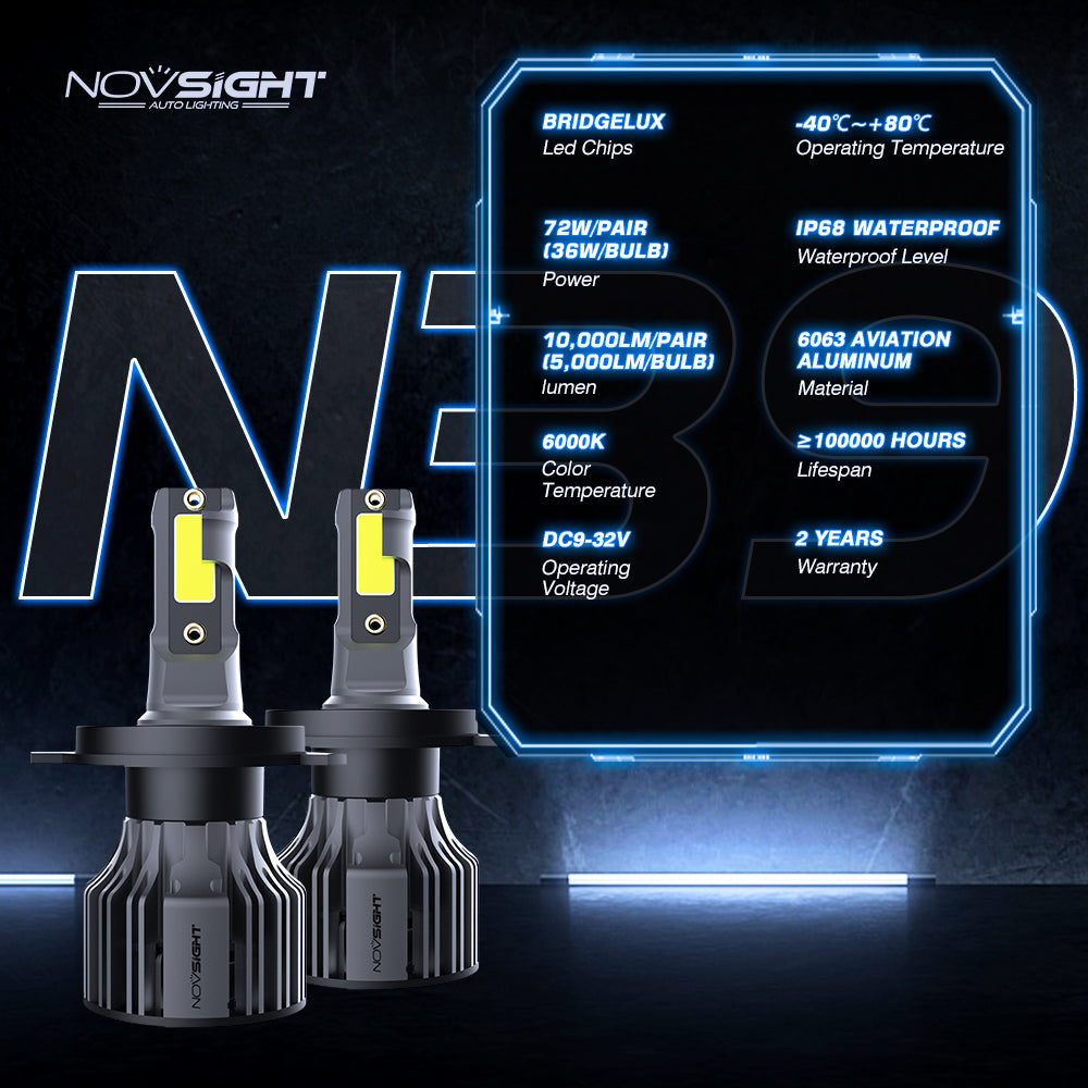 NightEye NovSight A500-N39 2PCS 72W DC9-32V Pair Car Headlight LED Bulbs 13,000LM/PAIR Car Headlamps 6000K IP68 Waterproof - NightEye.in