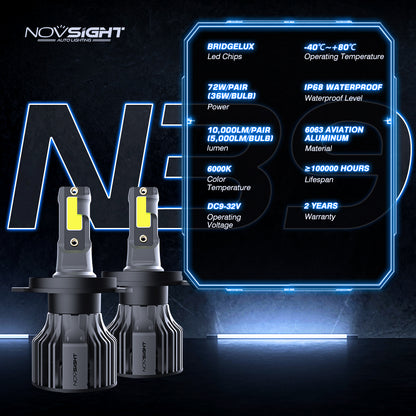 NightEye NovSight A500-N39 2PCS 72W DC9-32V Pair Car Headlight LED Bulbs 13,000LM/PAIR Car Headlamps 6000K IP68 Waterproof - NightEye.in