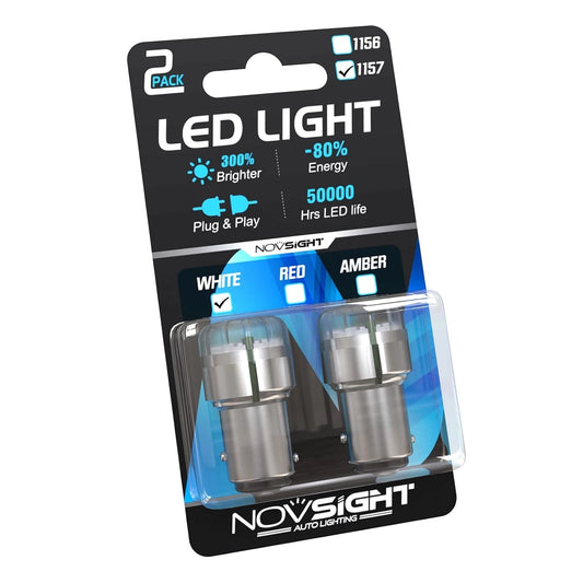 NightEye NOVSIGHT 1157 7528 LED Bulbs White, 300% Extremely Bright Brake Lights Bulb BAY15D 2357, Safer Driving 2057 2397 Replacement for Parking Lights, Front Turn Signal Lights, Pack of 2 - NightEye.in