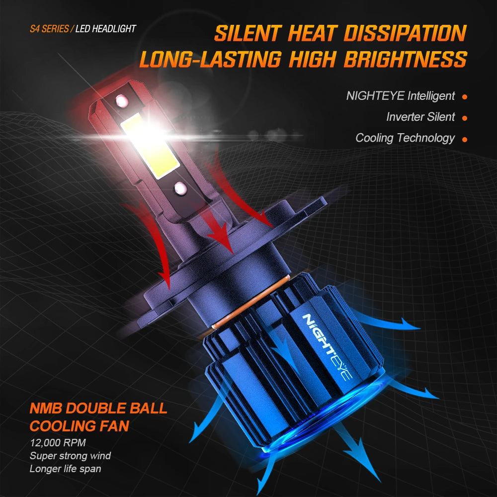 Original Nighteye A315 S4 H8/H9/H11/H16 LED Headlight Bulb H8/H9/H11/H16 (Set of 2) For All Cars & Motorcycles (Low and High Beam Bulbs (White) 13000 LM 2 Side Chip) - Type H8/H9/H11/H16 - NightEye.in